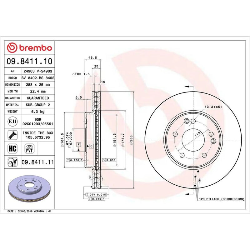 Brembo 2 x Internally Vented Front Brake Discs 09.8411.11