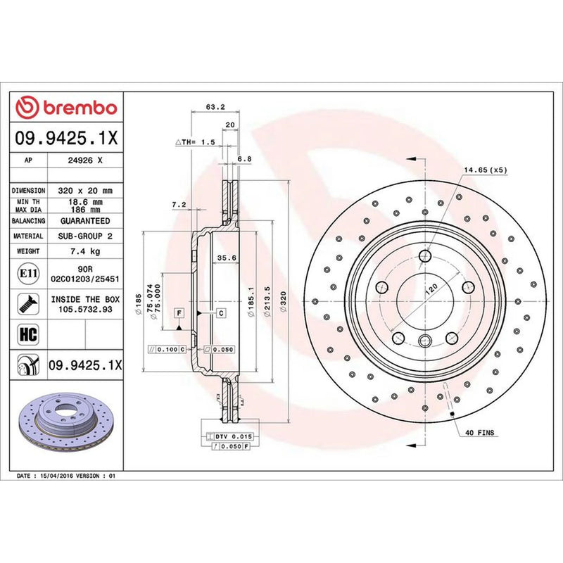 Brembo Xtra 2 x Perforated/Vented Rear Brake Discs 09.9425.1X