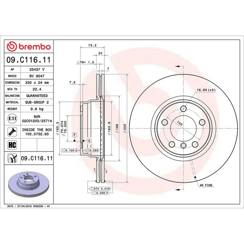 Brembo 2 x Internally Vented Front Brake Discs 09.C116.11