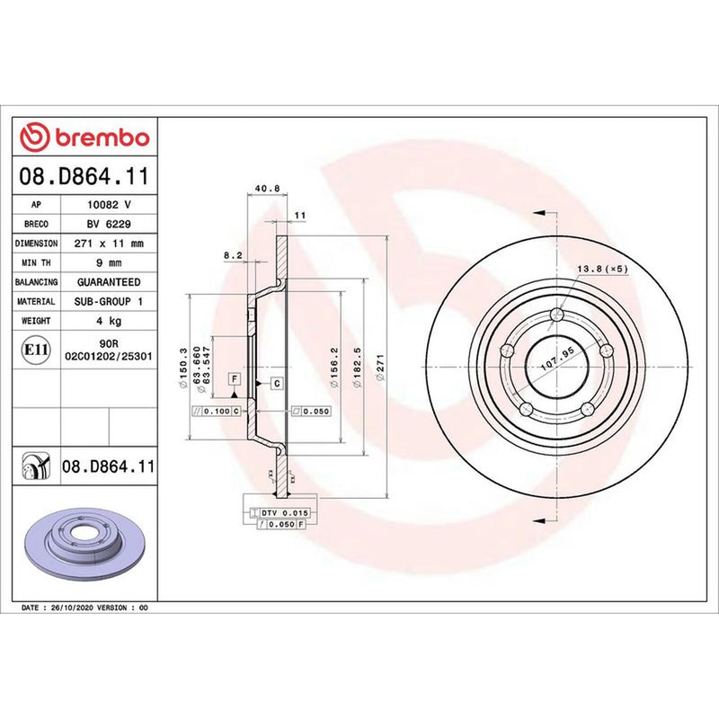 Brembo 2 x Solid Rear Brake Discs 08.D864.11