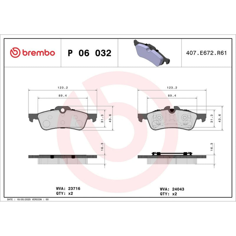 Brembo 4 x Rear Brake Pad Set P06032