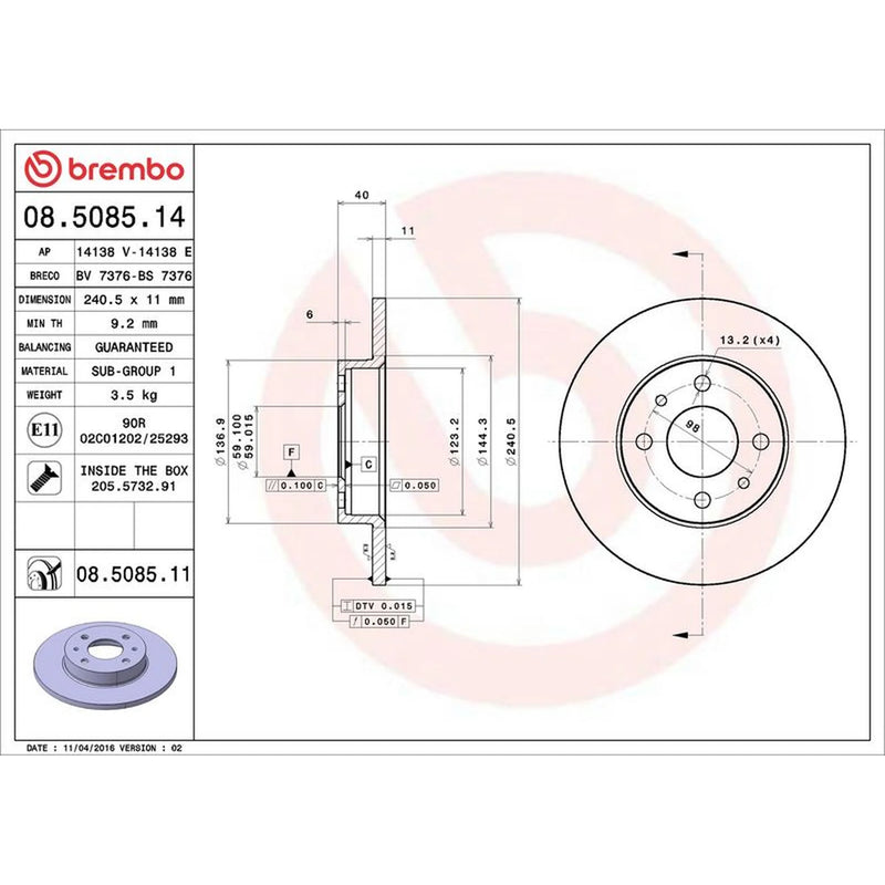 Brembo 2 x Solid Rear Brake Discs 08.5085.11