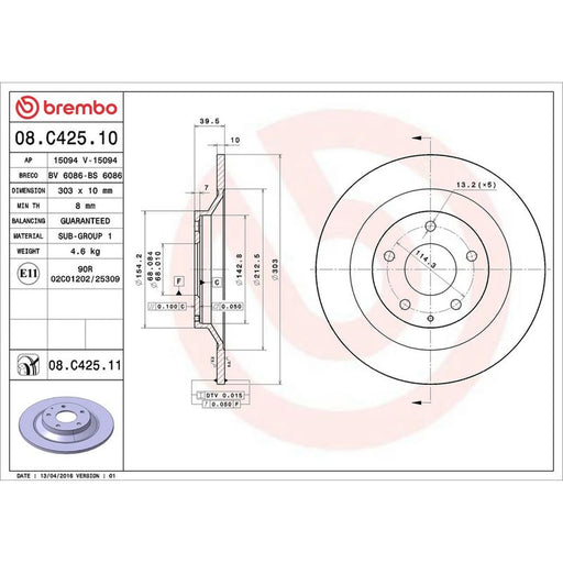 Brembo 2 x Solid Rear Brake Discs 08.C425.11