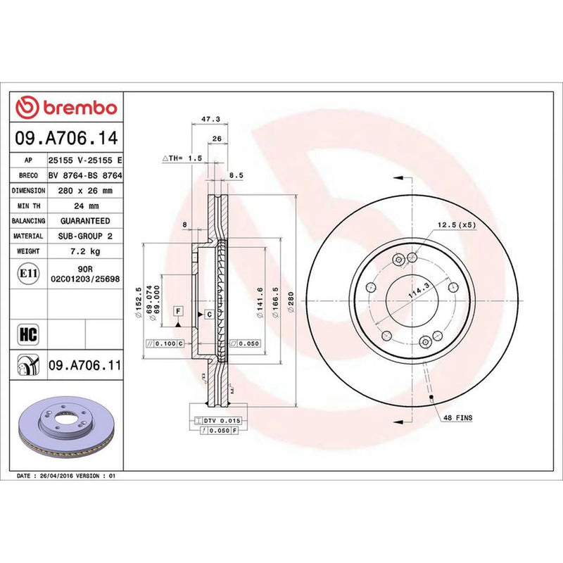 Brembo 2 x Internally Vented Front Brake Discs 09.A706.11