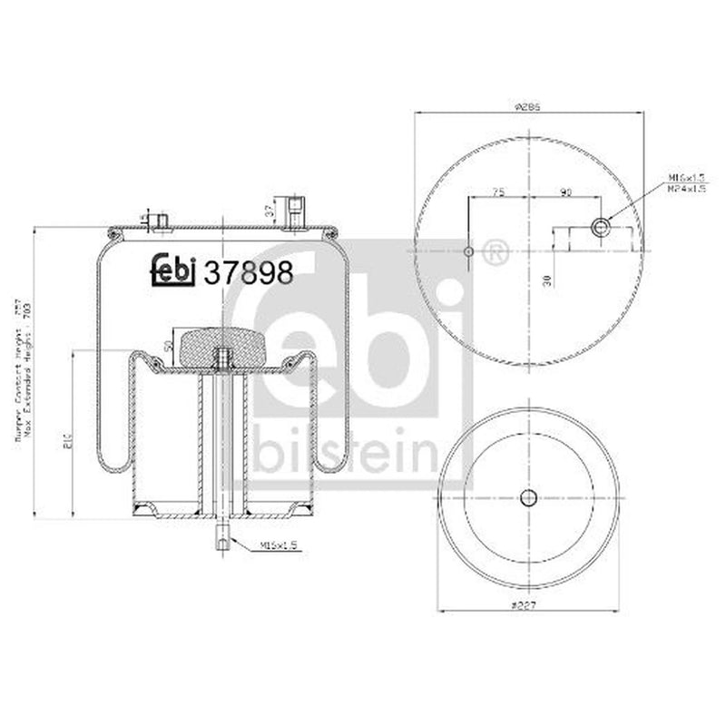Febi Air Suspension Bellow 286mm Rear Right 37898