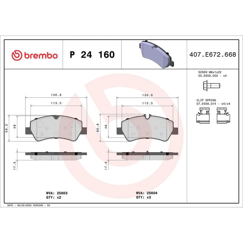 Brembo 4 x Rear Brake Pad Set P24160