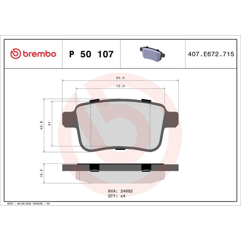 Brembo 4 x Rear Brake Pad Set P50107