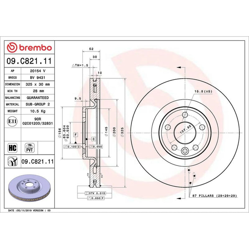 Brembo 2 x Internally Vented Front Brake Discs 09.C821.11