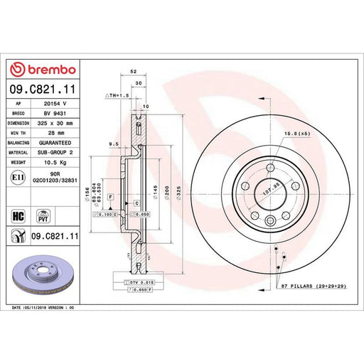 Brembo 2 x Internally Vented Front Brake Discs 09.C821.11