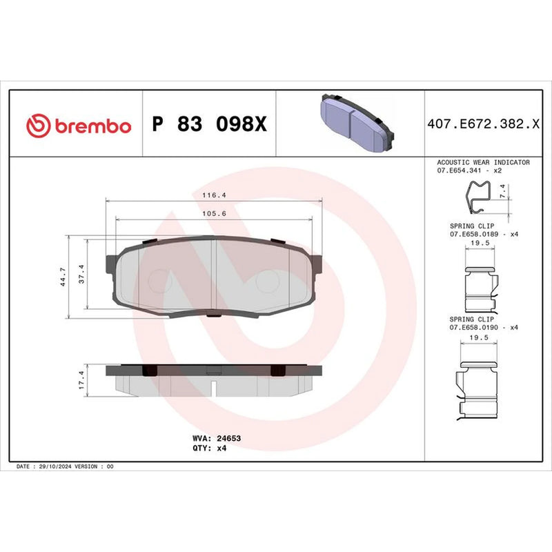 Brembo 4 x Rear Brake Pad Set P83098X