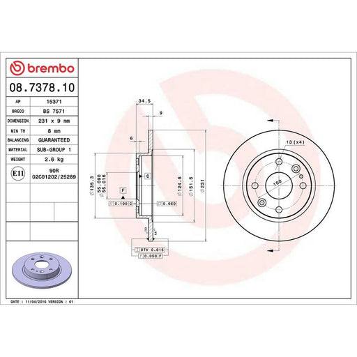 Brembo 2 x Solid Rear Brake Discs 08.7378.10