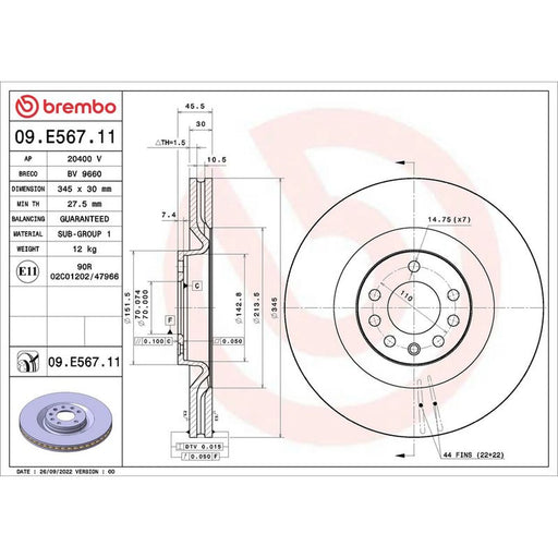 Brembo 2 x Internally Vented Front Brake Discs 09.E567.11