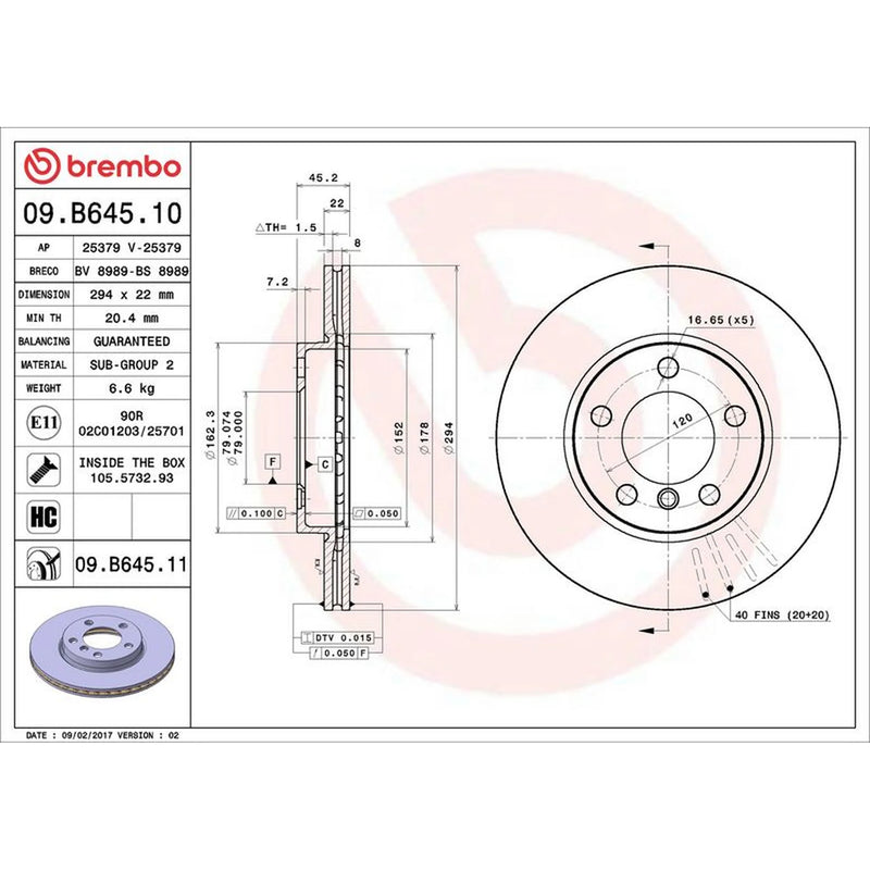 Brembo 2 x Internally Vented Front Brake Discs 09.B645.11