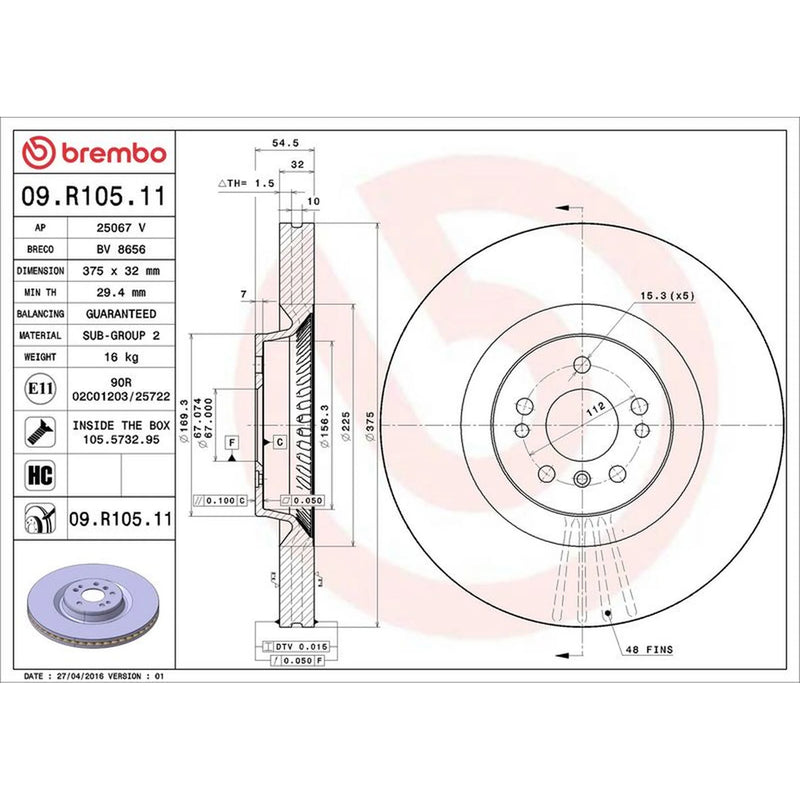 Brembo 2 x Internally Vented Front Brake Discs 09.R105.11