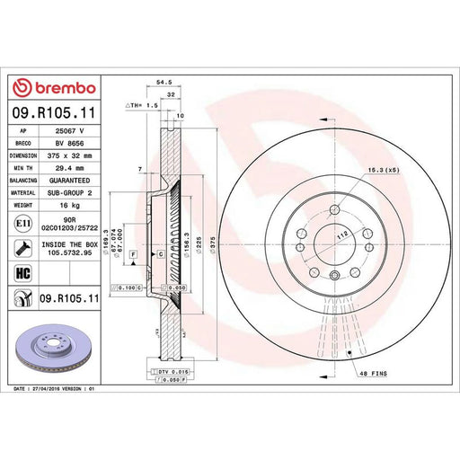 Brembo 2 x Internally Vented Front Brake Discs 09.R105.11