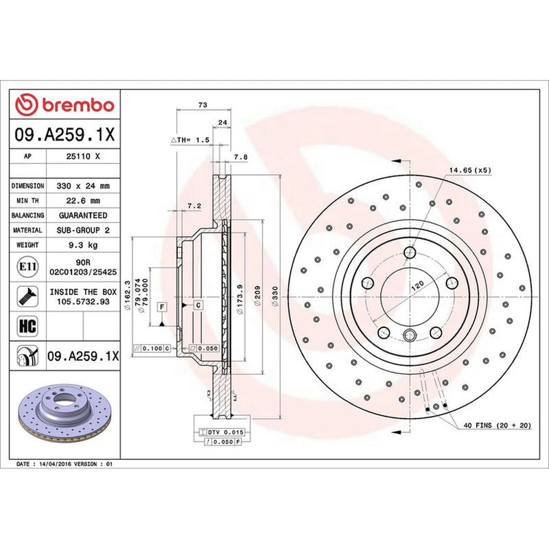Brembo Xtra 2 x Perforated/Vented Front Brake Discs 09.A259.1X