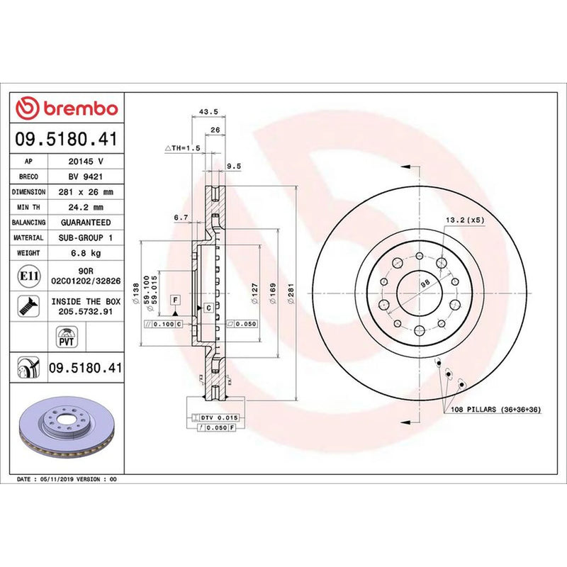 Brembo 2 x Front Brake Discs 09.5180.41