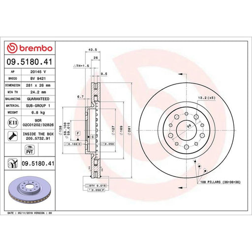 Brembo 2 x Front Brake Discs 09.5180.41