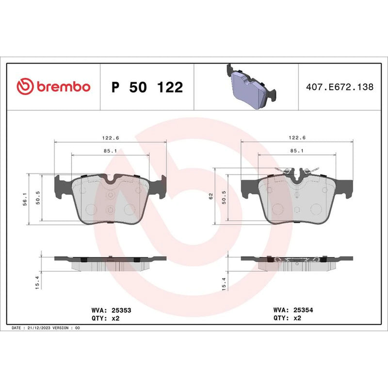 Brembo 4 x Rear Brake Pad Set P50122