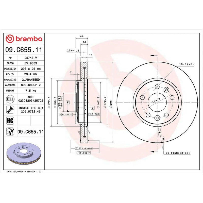 Brembo 2 x Internally Vented Front Brake Discs 09.C655.11