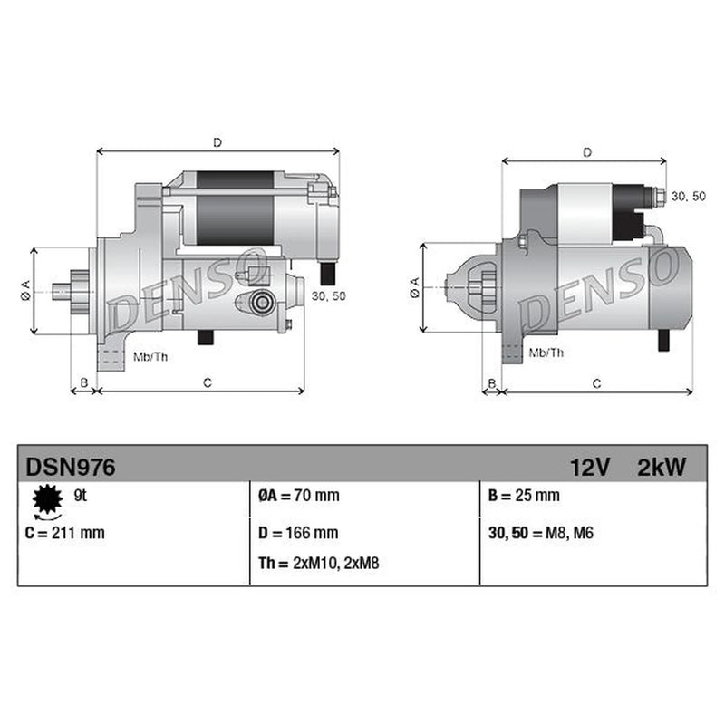Denso Starter Motor 12V 2kW 9 Teeth DSN976