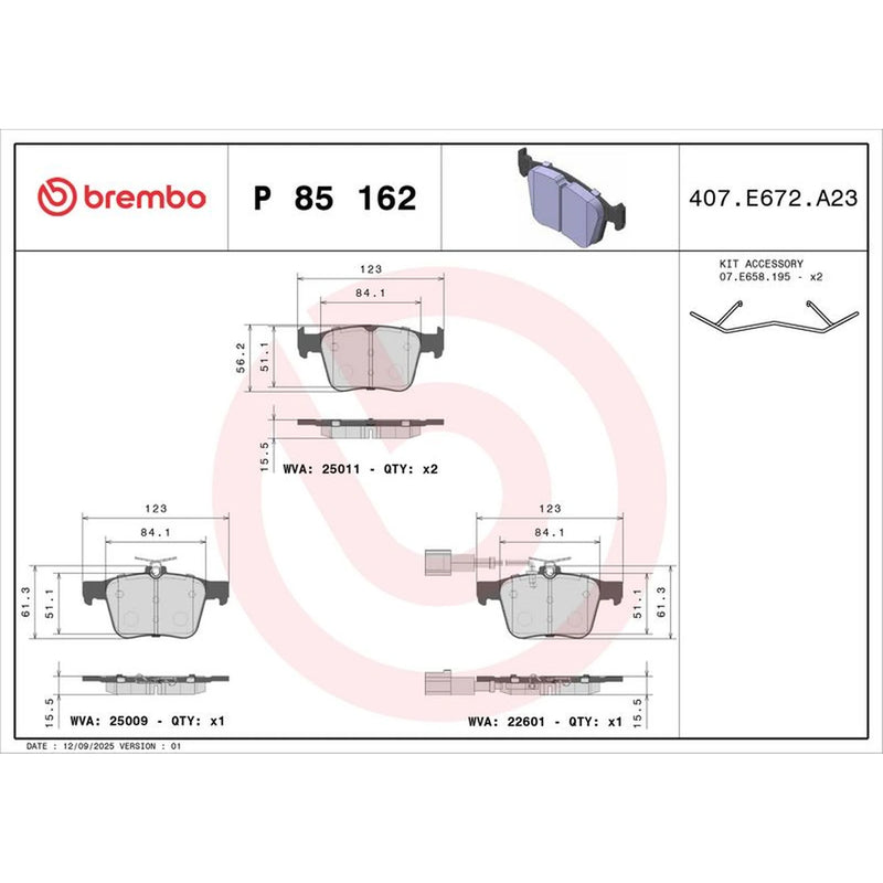 Brembo 4 x Rear Brake Pad Set P85162