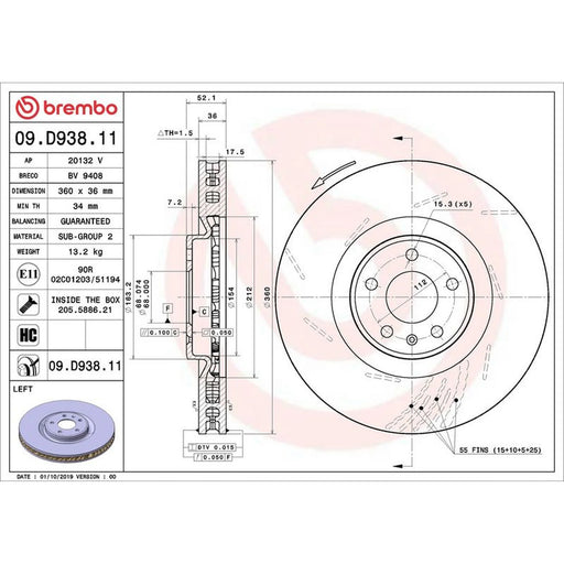 Brembo 2 x Slotted Front Brake Discs 09.D938.11