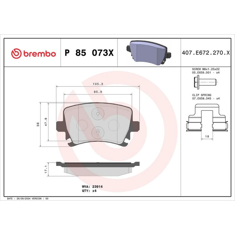 Brembo 4 x Rear Brake Pad Set P85073X