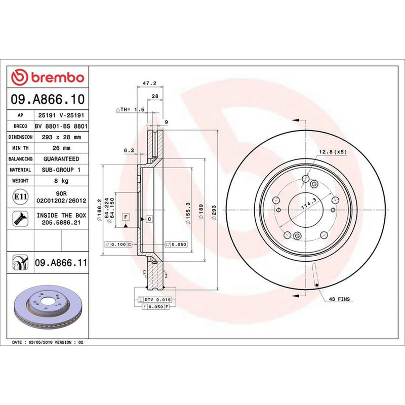 Brembo 2 x Front Brake Discs 09.A866.11