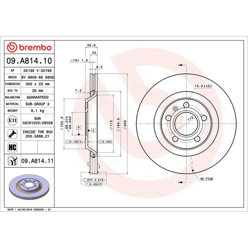 Brembo 2 x Internally Vented Rear Brake Discs 09.A814.11