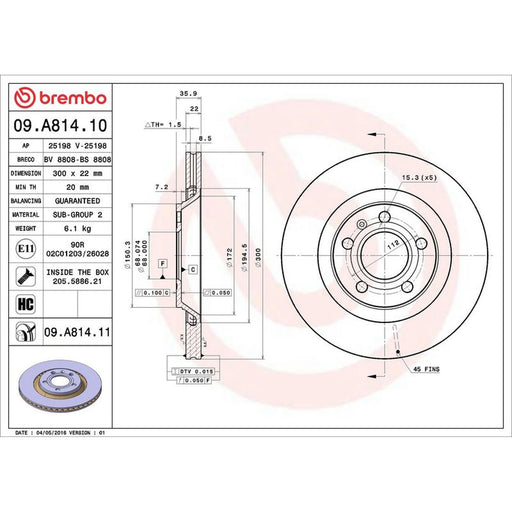 Brembo 2 x Internally Vented Rear Brake Discs 09.A814.11