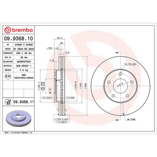 Brembo 2 x Front Brake Discs 09.9368.11