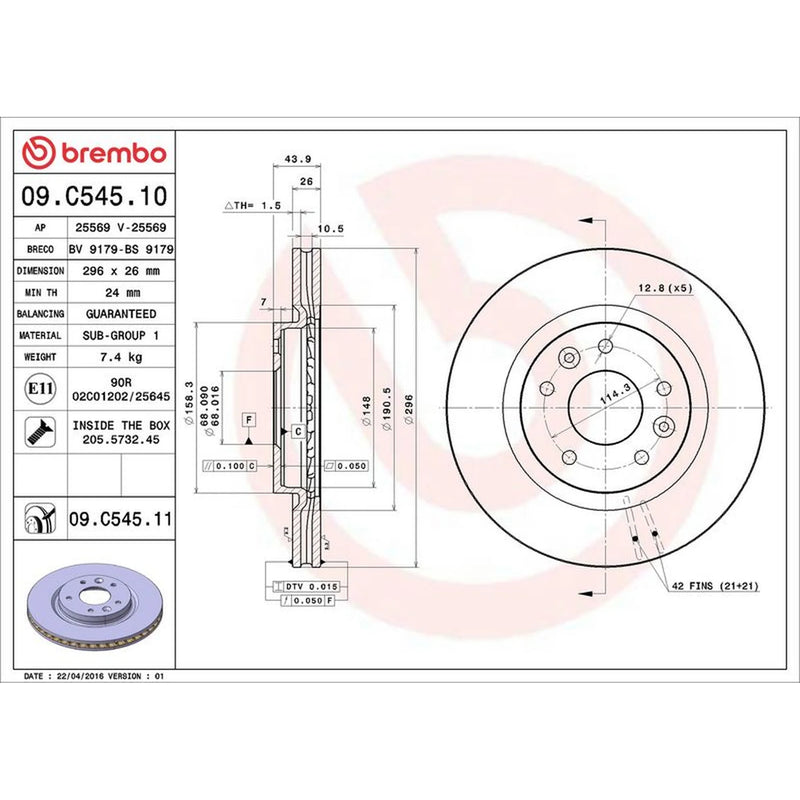 Brembo 2 x Internally Vented Front Brake Discs 09.C545.11