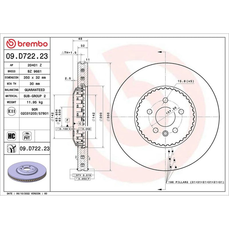 Brembo 2 x Steel Front Brake Disc Hub Brake Discs 09.D722.23