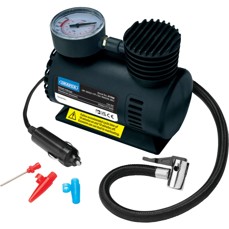 Draper 12V Mini Air Compressor AC12VA with Analogue Gauge