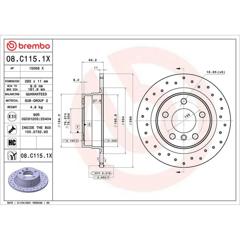 Brembo Xtra 2 x Perforated Rear Brake Discs 08.C115.1X