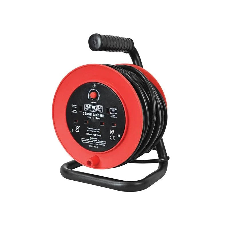 Faithfull Power Plus Open Drum Cable Reel 240V 13A 2-Socket 15m - XP23-E1
