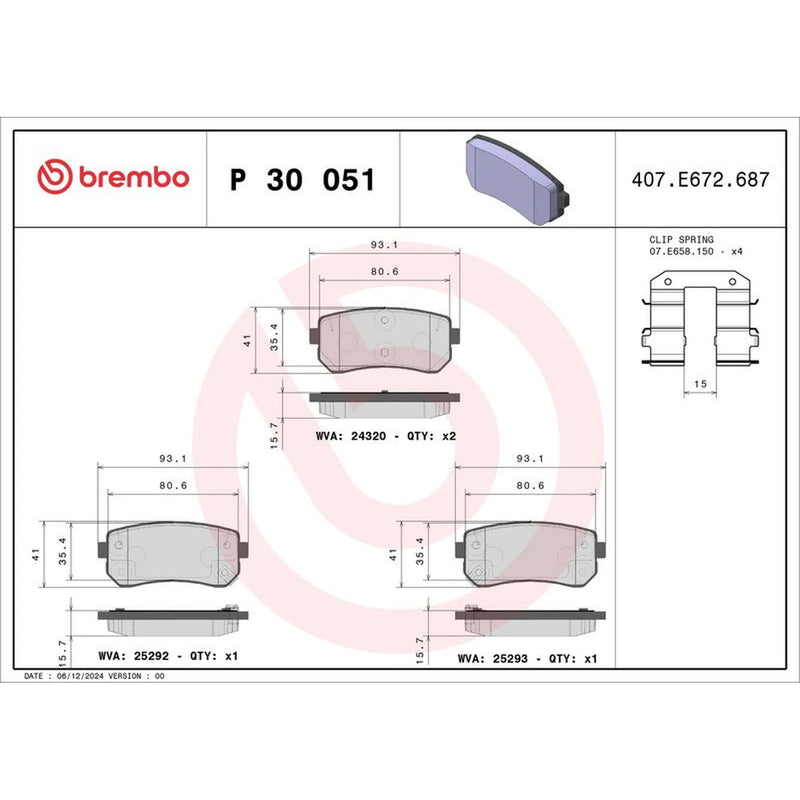 Brembo 4 x Rear Brake Pad Set P30051