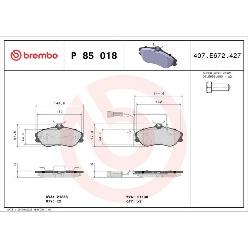 Brembo 4 x Front Brake Pad Set P85018