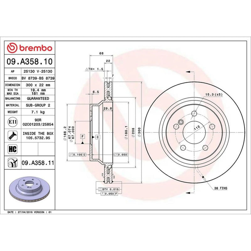 Brembo 2 x Internally Vented Rear Brake Discs 09.A358.11