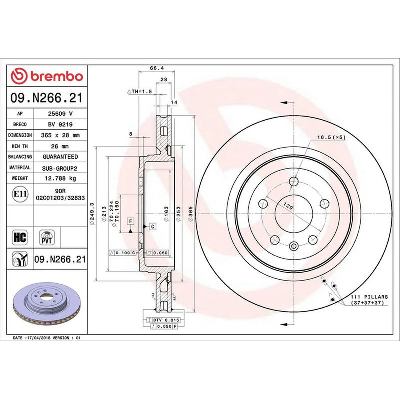 Brembo 2 x Internally Vented Rear Brake Discs 09.N266.21