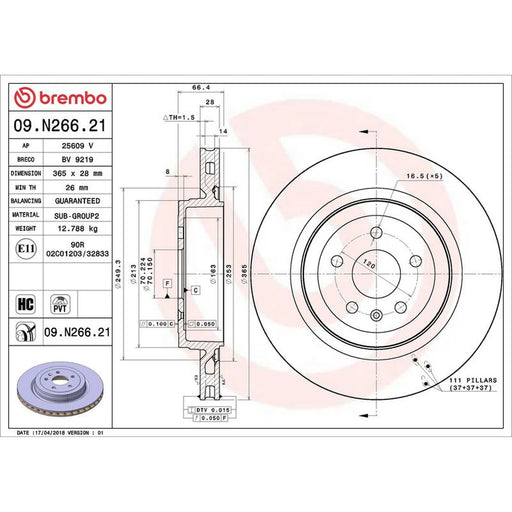 Brembo 2 x Internally Vented Rear Brake Discs 09.N266.21