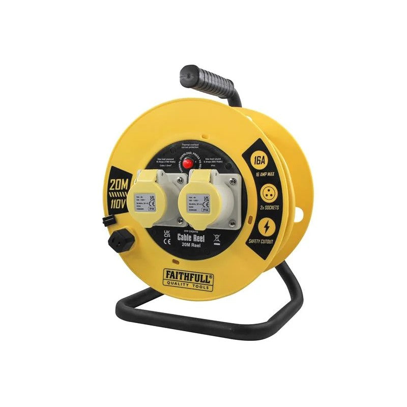Faithfull Power Plus Open Cable Reel 110V 20m 16A 2 Socket (1.5mm Cable)