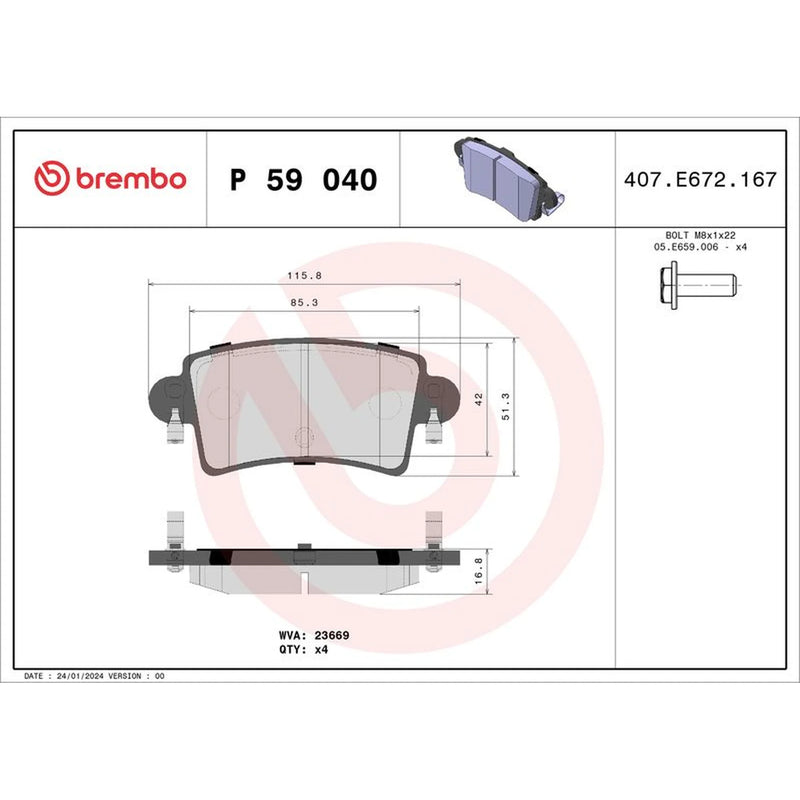 Brembo 4 x Rear Brake Pad Set P59040
