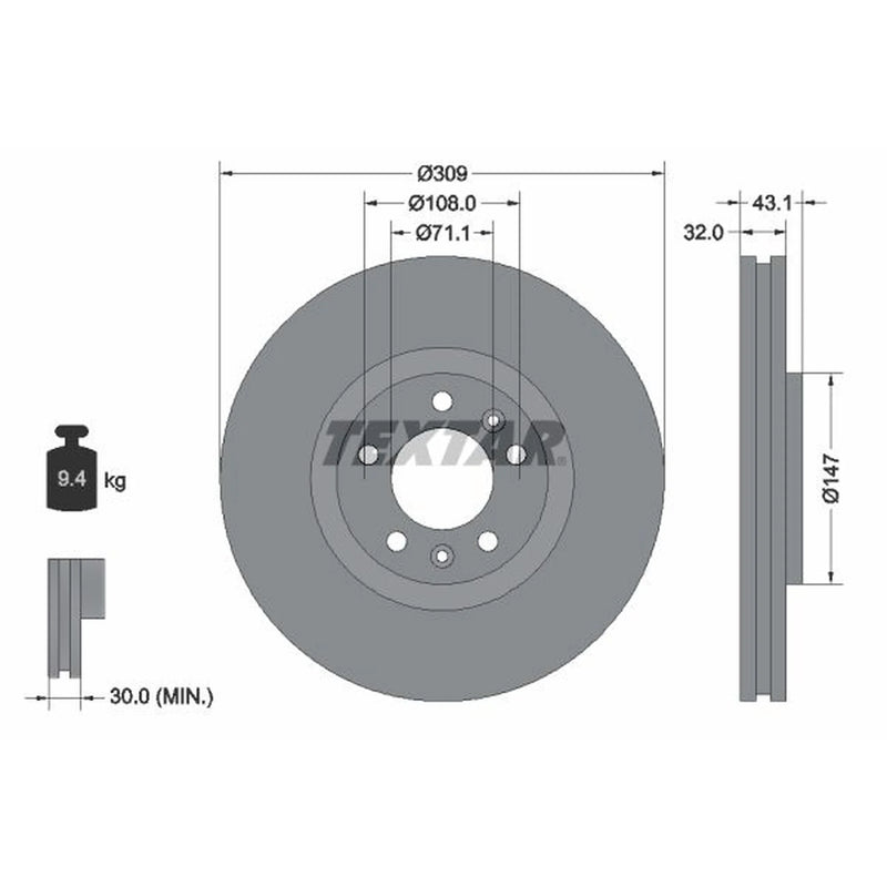 Textar 2 x Internally Vented Front Brake Discs 92111900