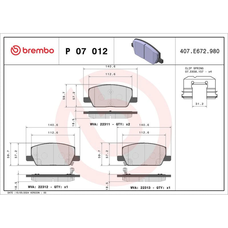 Brembo 4 x Front Brake Pad Set P07012