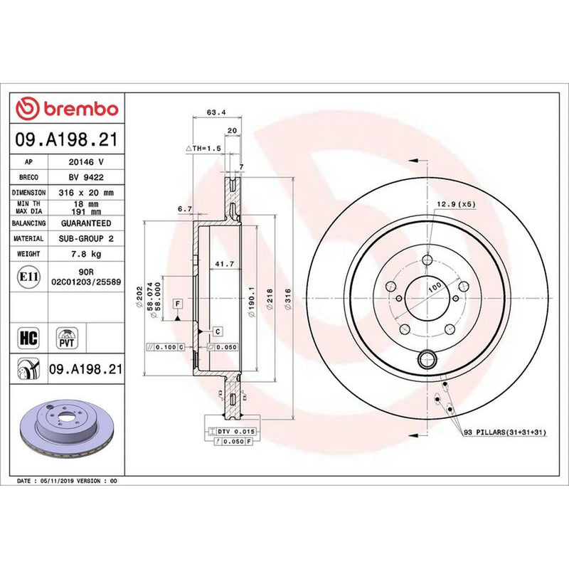 Brembo 2 x Internally Vented Rear Brake Discs 09.A198.21