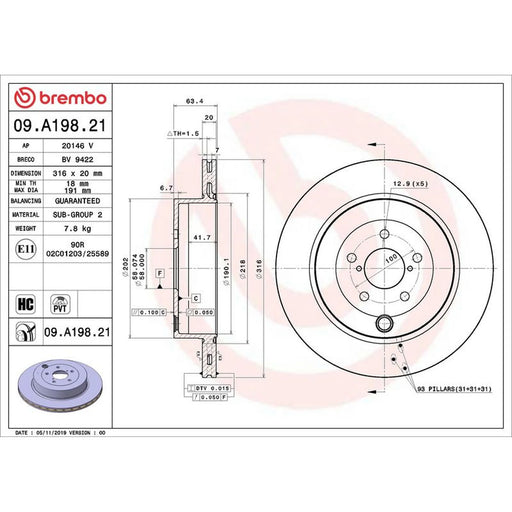 Brembo 2 x Internally Vented Rear Brake Discs 09.A198.21