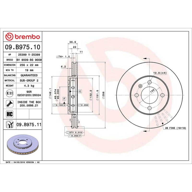 Brembo 2 x Internally Vented Front Brake Discs 09.B975.11