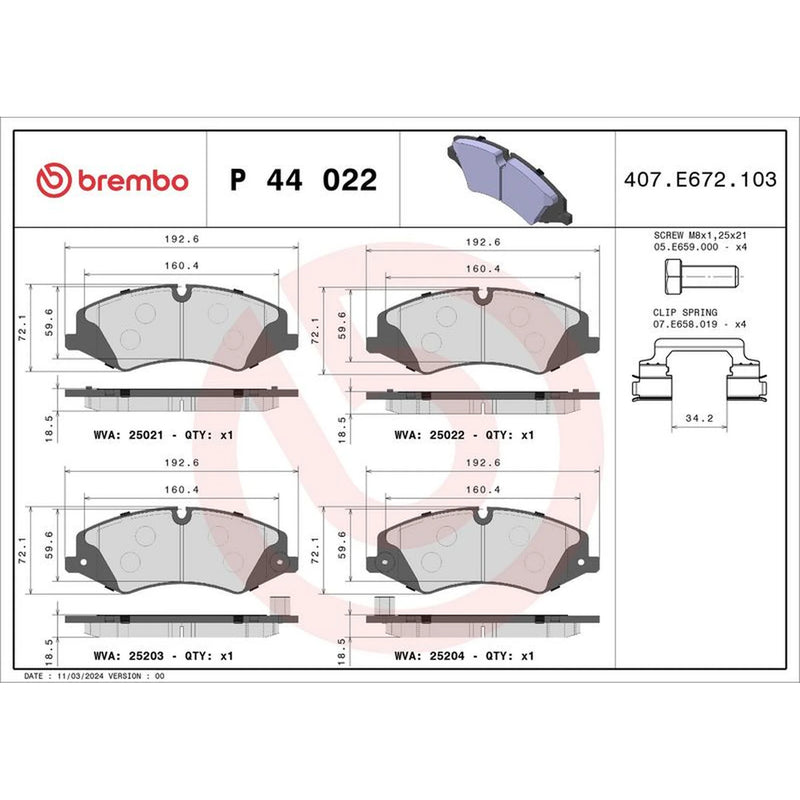 Brembo 4 x Front Brake Pad Set P44022